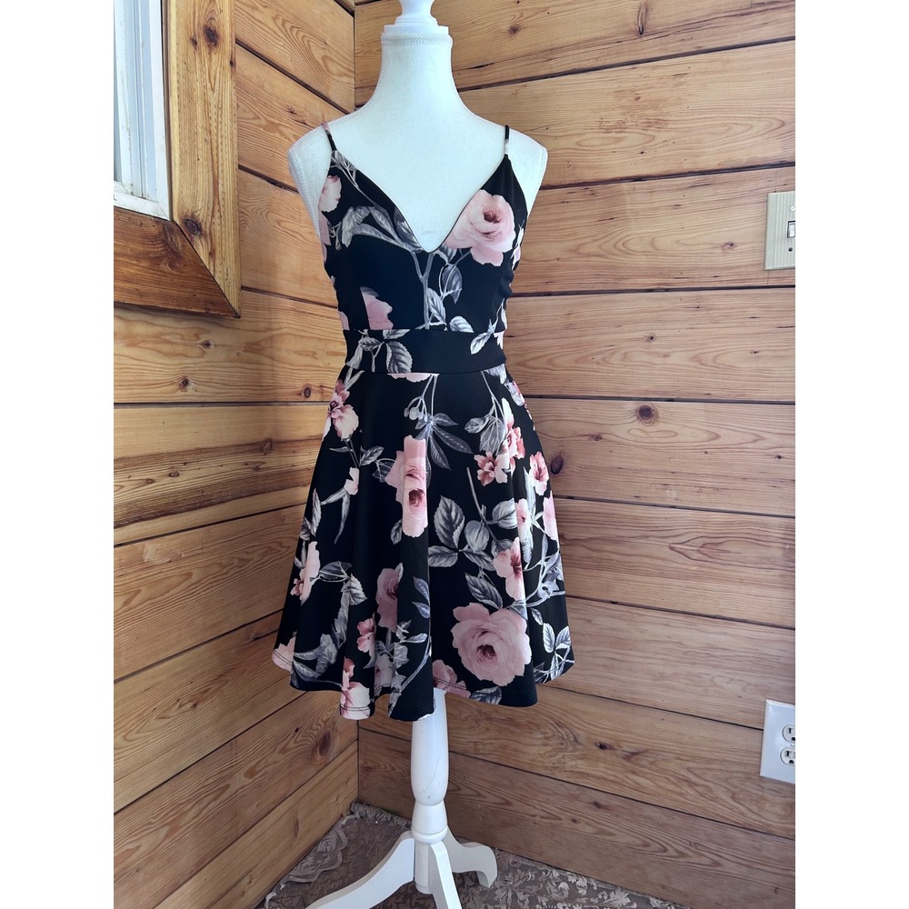 Floral Fit and Flare Mini Dress Black Pink Rose V-Neck Tie Back‎ Skater Dress